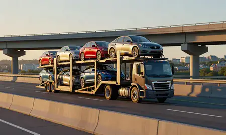 Car transporter with the Sanford, Maine, United States skyline behind it