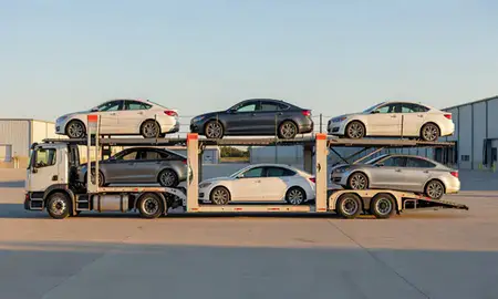 Car transporter parked in an industrial area of South Berwick, Maine, United States