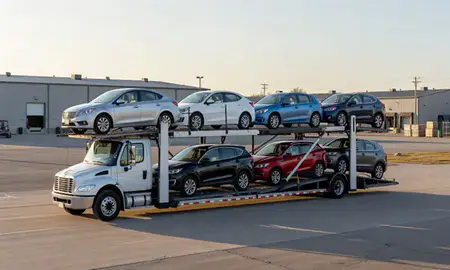 Car transporter loaded with vehicles in South Berwick, Maine, United States