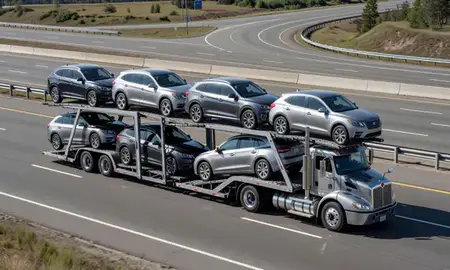 Multi-level car carrier on the highway to South Eliot, Maine, United States