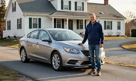 Customer with their delivered car in South Eliot, Maine, United States