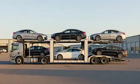 Car transporter parked in an industrial area of South Eliot, Maine, United States