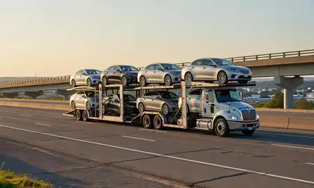 Car transporter with the South Eliot, Maine, United States skyline behind it