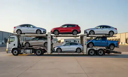 Car transporter parked in an industrial area of South Portland, Maine, United States
