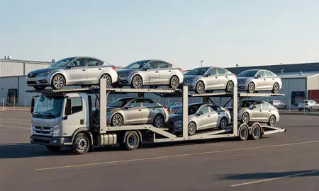 Car transporter loaded with vehicles in South Portland, Maine, United States