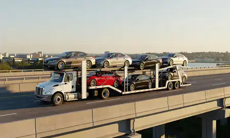 Car transporter with the South Portland, Maine, United States skyline behind it