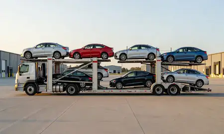 Car transporter parked in an industrial area of Waterville, Maine, United States