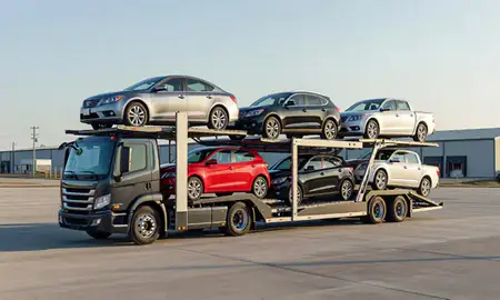 Car transporter loaded with vehicles in Waterville, Maine, United States
