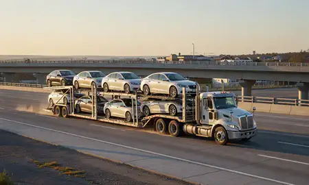 Car transporter with the Waterville, Maine, United States skyline behind it