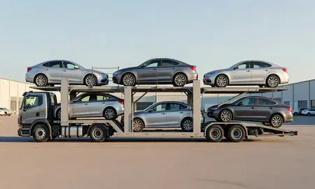Car transporter parked in an industrial area of Westbrook, Maine, United States
