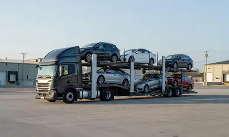 Car transporter loaded with vehicles in Westbrook, Maine, United States