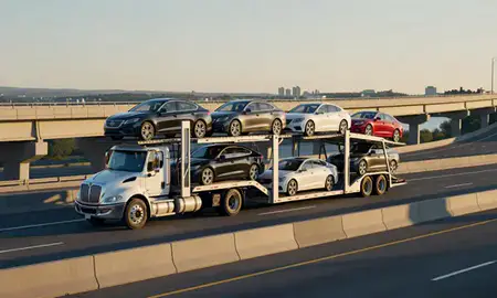 Car transporter with the Westbrook, Maine, United States skyline behind it