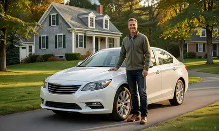 Customer with their delivered car in York Harbor, Maine, United States