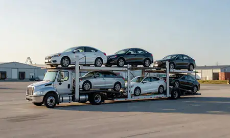 Car transporter loaded with vehicles in York Harbor, Maine, United States