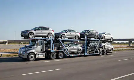 Multi-level car carrier on the highway to Maryland, United States