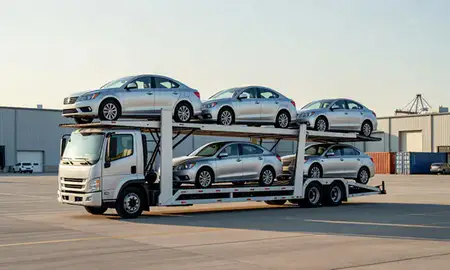 Car transporter loaded with vehicles in Maryland, United States