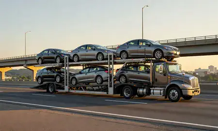 Car transporter with the Maryland, United States skyline behind it
