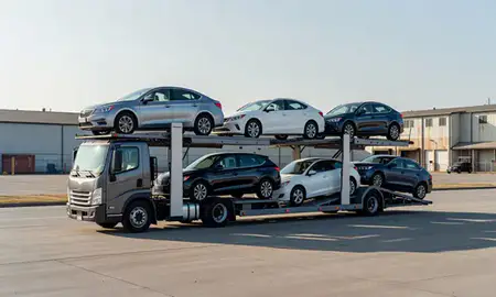 Car transporter loaded with vehicles in Annapolis, Maryland, United States