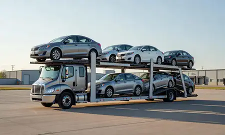 Car transporter loaded with vehicles in Aspen Hill, Maryland, United States