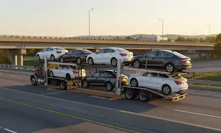Car transporter with the Aspen Hill, Maryland, United States skyline behind it