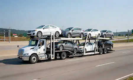 Multi-level car carrier on the highway to Baltimore, Maryland, United States