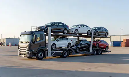 Car transporter loaded with vehicles in Baltimore, Maryland, United States