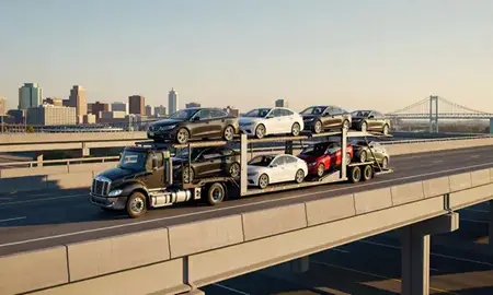Car transporter with the Baltimore, Maryland, United States skyline behind it