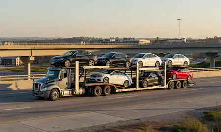 Car transporter with the Bel Air South, Maryland, United States skyline behind it