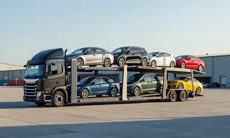 Car transporter loaded with vehicles in Bethesda, Maryland, United States