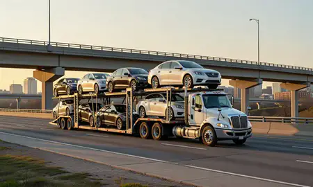 Car transporter with the Bethesda, Maryland, United States skyline behind it