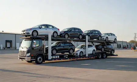 Car transporter loaded with vehicles in Bowie, Maryland, United States