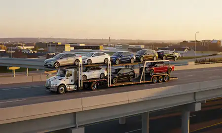 Car transporter with the Bowie, Maryland, United States skyline behind it
