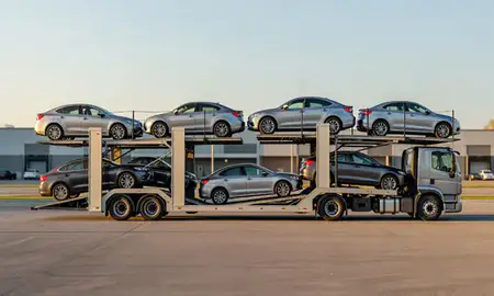 Car transporter parked in an industrial area of Catonsville, Maryland, United States