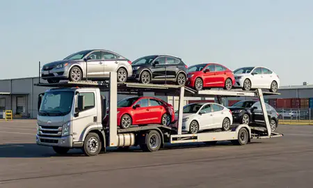 Car transporter loaded with vehicles in Catonsville, Maryland, United States