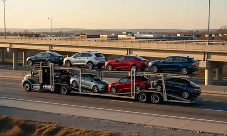 Car transporter with the Catonsville, Maryland, United States skyline behind it