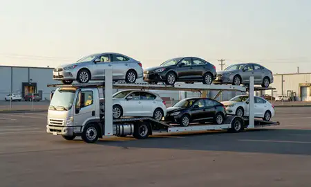 Car transporter loaded with vehicles in Clinton, Maryland, United States
