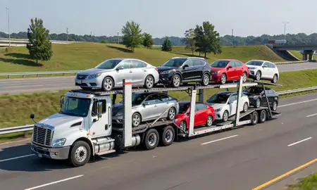 Multi-level car carrier on the highway to Columbia, Maryland, United States