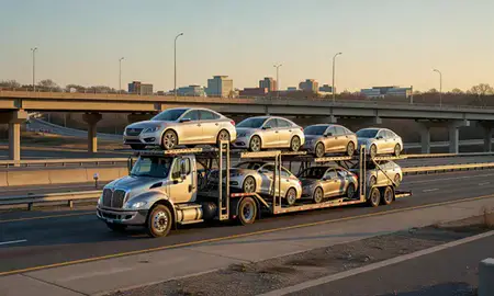 Car transporter with the Columbia, Maryland, United States skyline behind it