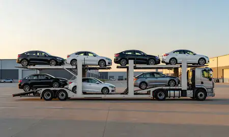 Car transporter parked in an industrial area of Dundalk, Maryland, United States