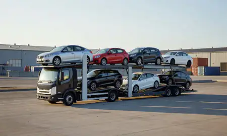 Car transporter loaded with vehicles in Dundalk, Maryland, United States