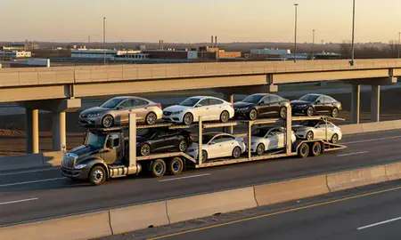 Car transporter with the Dundalk, Maryland, United States skyline behind it