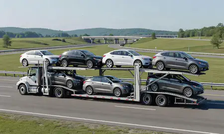 Multi-level car carrier on the highway to Ellicott City, Maryland, United States