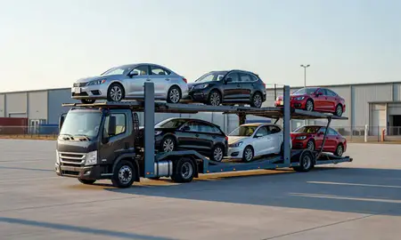 Car transporter loaded with vehicles in Ellicott City, Maryland, United States