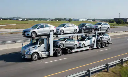 Multi-level car carrier on the highway to Essex, Maryland, United States