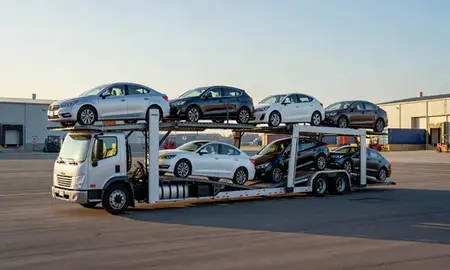 Car transporter loaded with vehicles in Essex, Maryland, United States