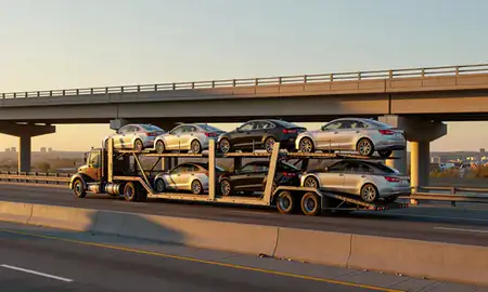 Car transporter with the Essex, Maryland, United States skyline behind it