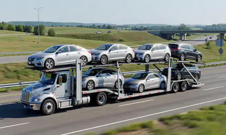 Multi-level car carrier on the highway to Frederick, Maryland, United States