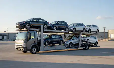 Car transporter loaded with vehicles in Frederick, Maryland, United States
