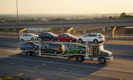 Car transporter with the Frederick, Maryland, United States skyline behind it