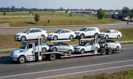 Multi-level car carrier on the highway to Gaithersburg, Maryland, United States